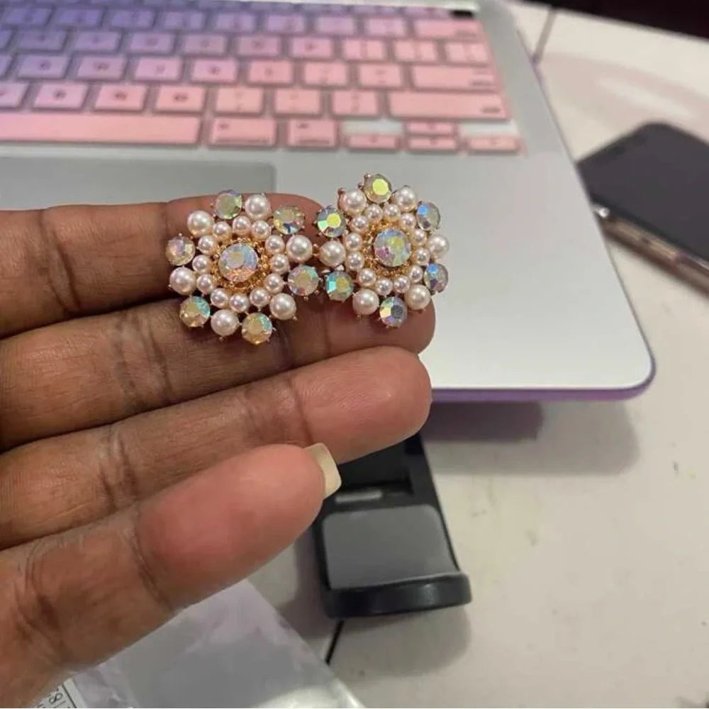 Faux Pearl Iridescent Rhinestone Stud Earrings
